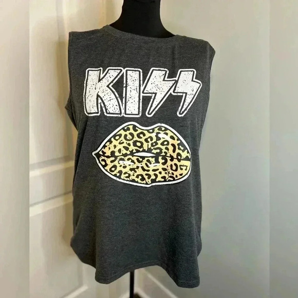 Kiss Graphic Women’s XL Grey Distressed Sleeveless Retro Concert‎ Lips T-Shirt - Picture 2 of 10